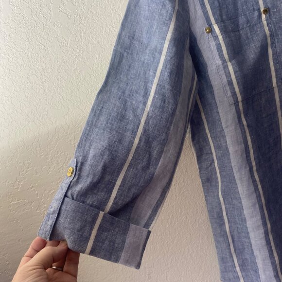 Ellen Tracy Top Womens size Large Blue & White Striped Shirt With Zipper & Pocke - Picture 7 of 15